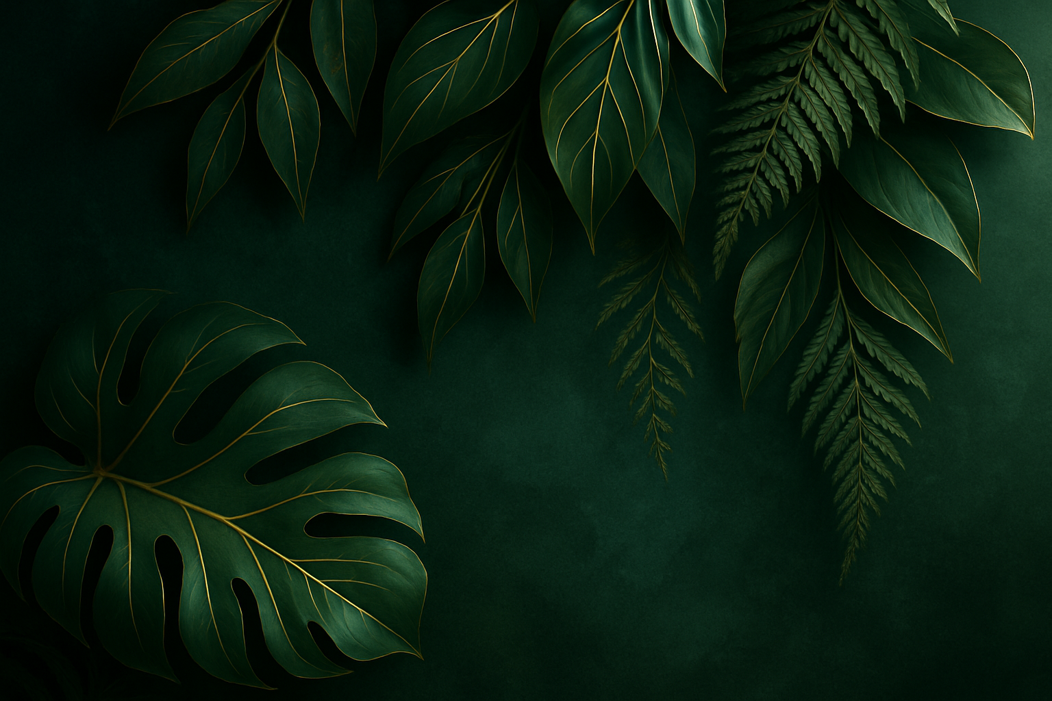 A chic, modern beauty brand identity expressed through a serene nature-inspired scene. Imagine lush, deep green foliage with soft gradients of emerald and forest tones, accented by flowing metallic gold details that shimmer like sunlight through leaves. The atmosphere is upscale and tranquil, evoking elegance, freshness, and radiant sophistication. Glowvera Beauty’s essence blends natural serenity with luxurious refinement, creating a visual balance of organic beauty and timeless allure.
